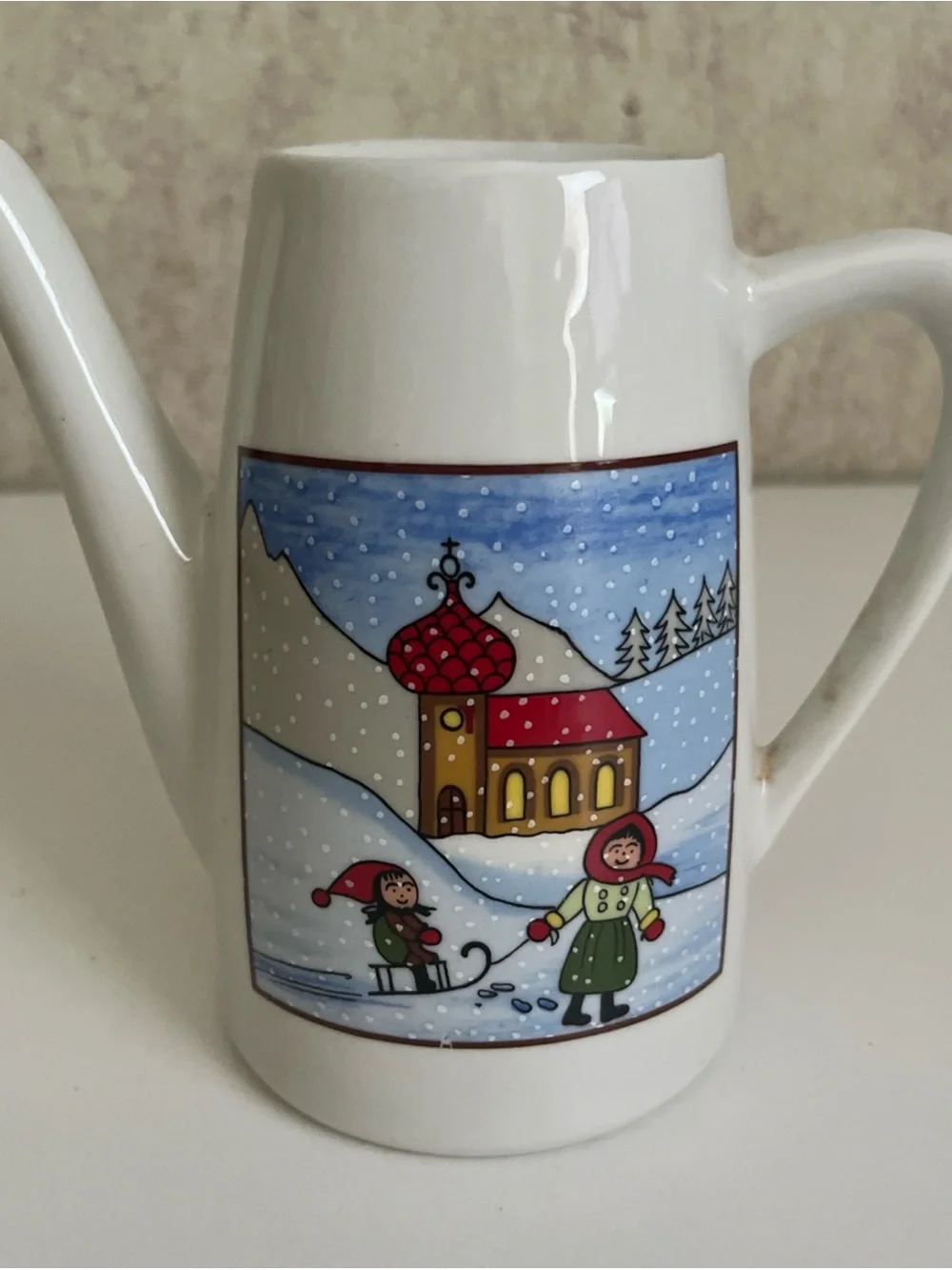 Vintage Ceramic Tea Pot No Lid Christmas Winter Snow Scene Mom Child Sled 5.5”